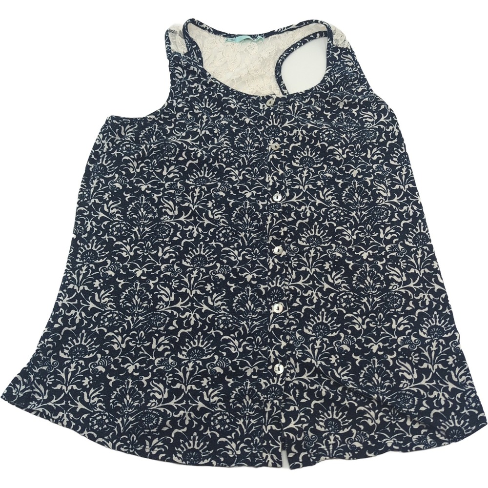 Maurices Navy Blue White Damask Floral Button Front Lace Racerback Tank Top M